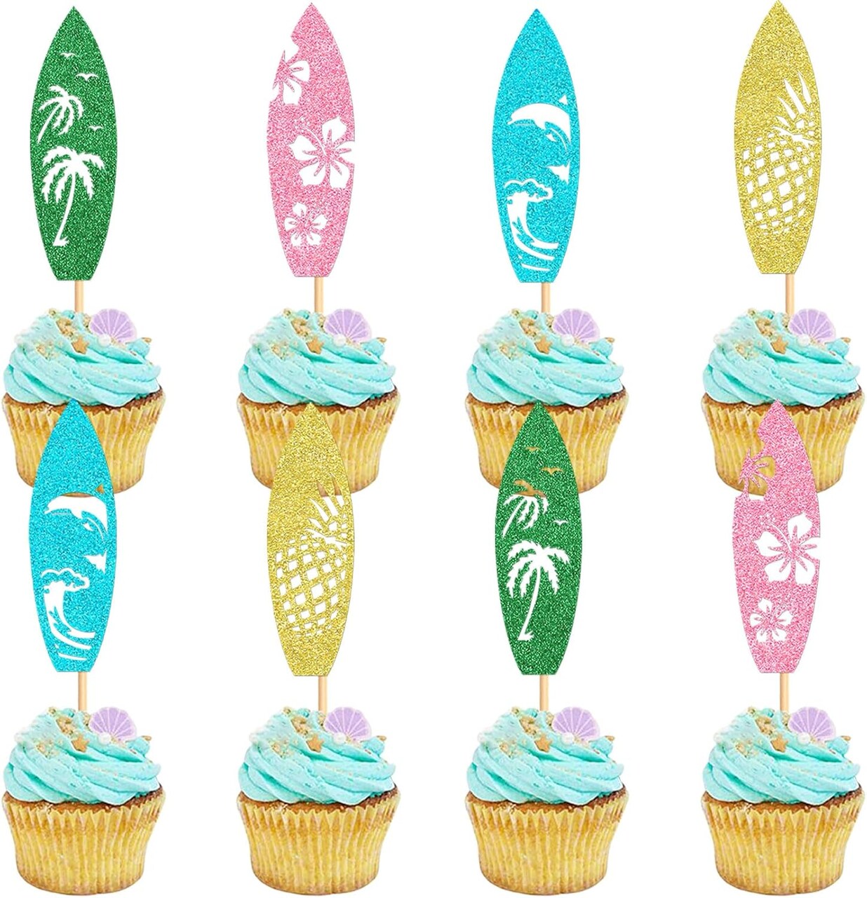 24PCS Surfboard Cupcake Toppers Holiday Beach Surf Cupcake Picks Surfing Theme Birthday Party Baby Shower Cake Decorations Supplies